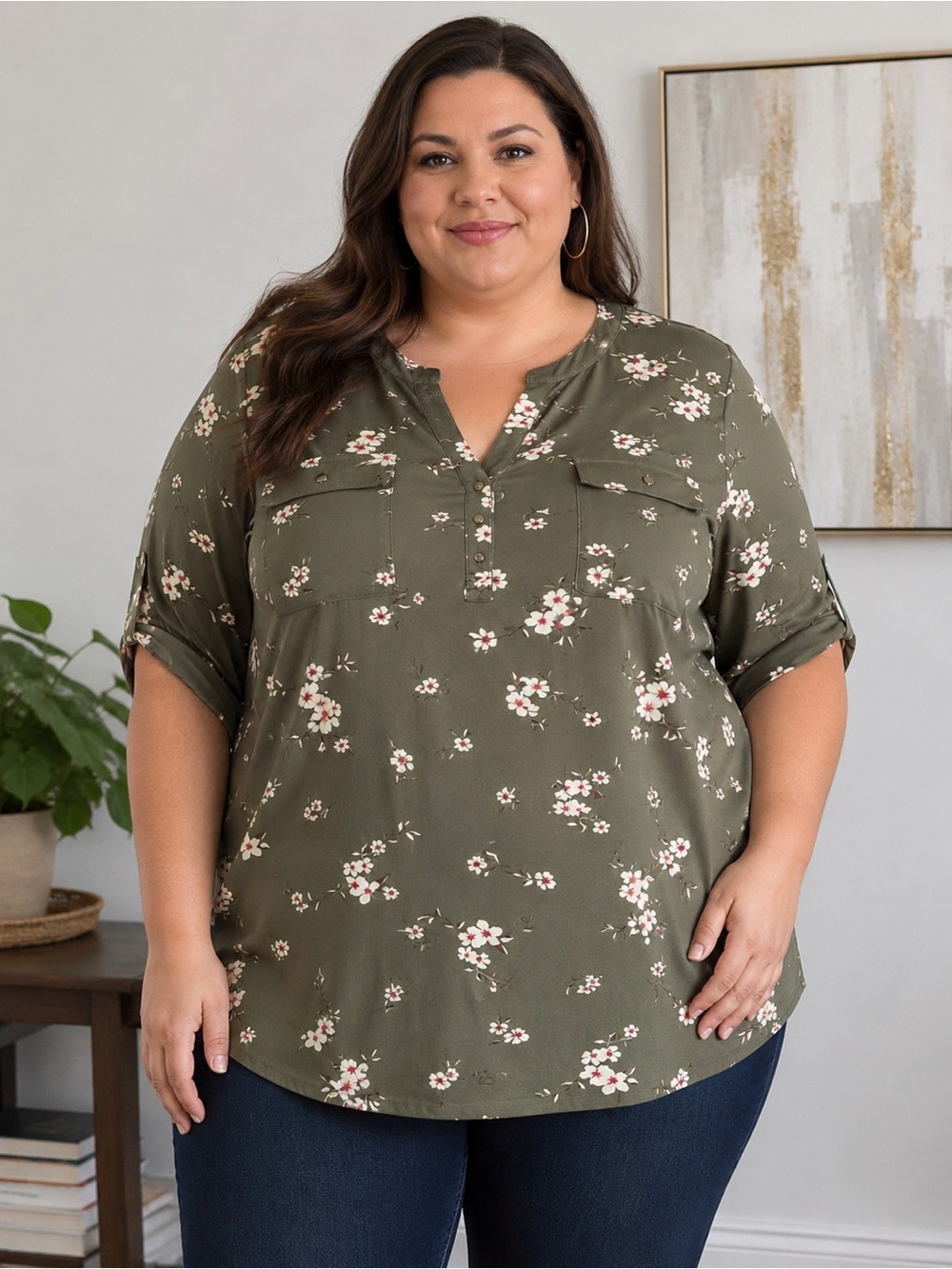 Olive Floral Henley Blouse - Women